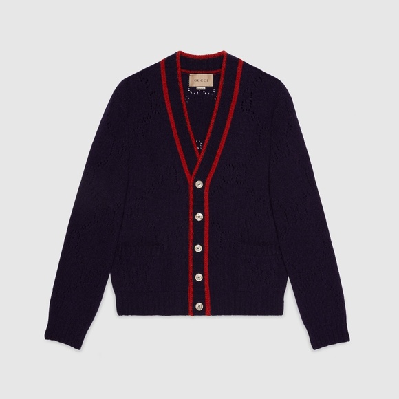 size S Gucci GG Perforated Wool Cardigan Blue Red - Picture 1 of 12